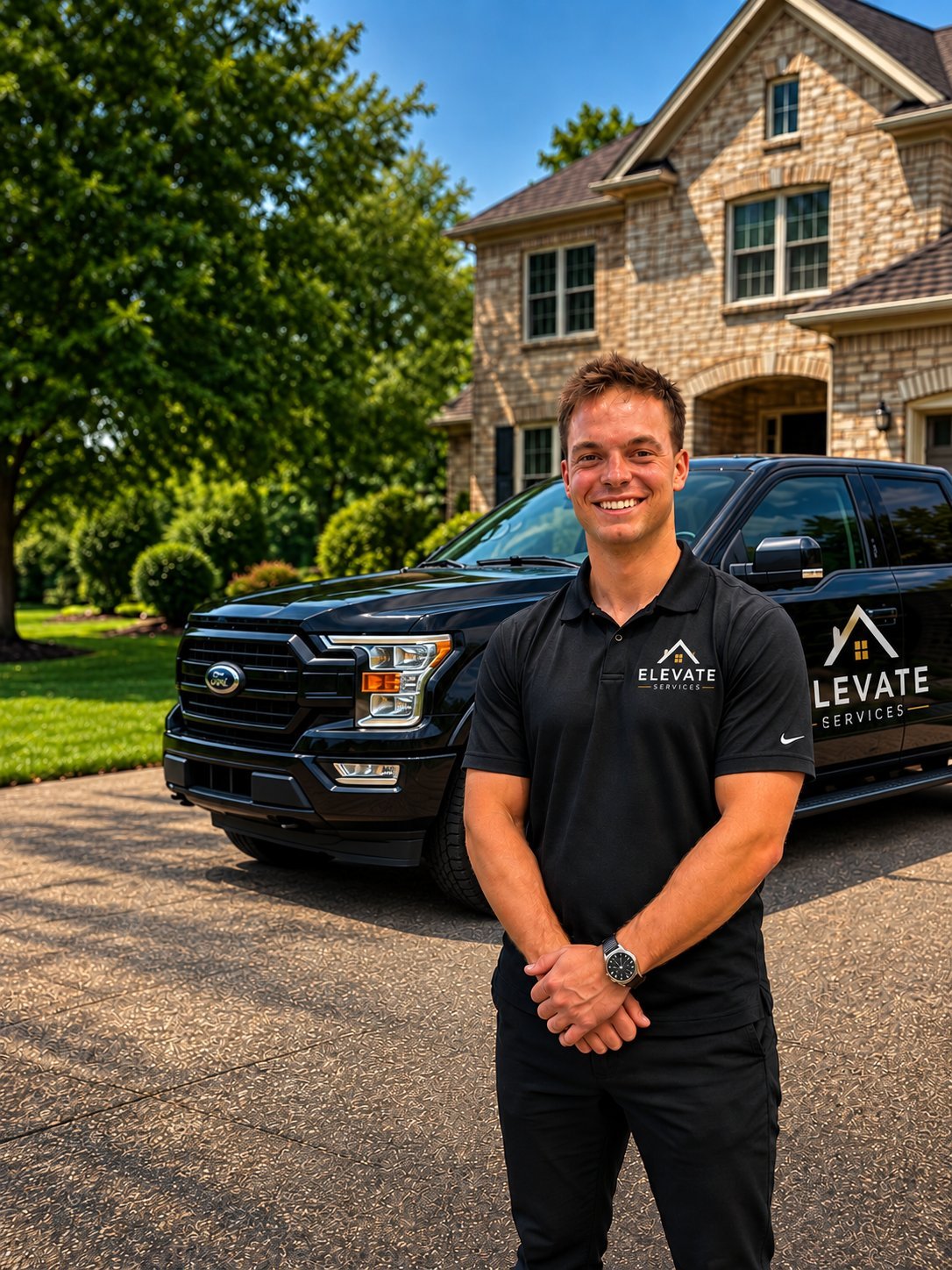 Man in black Elevate Services polo shirt standing in front of black pickup truck and brick house